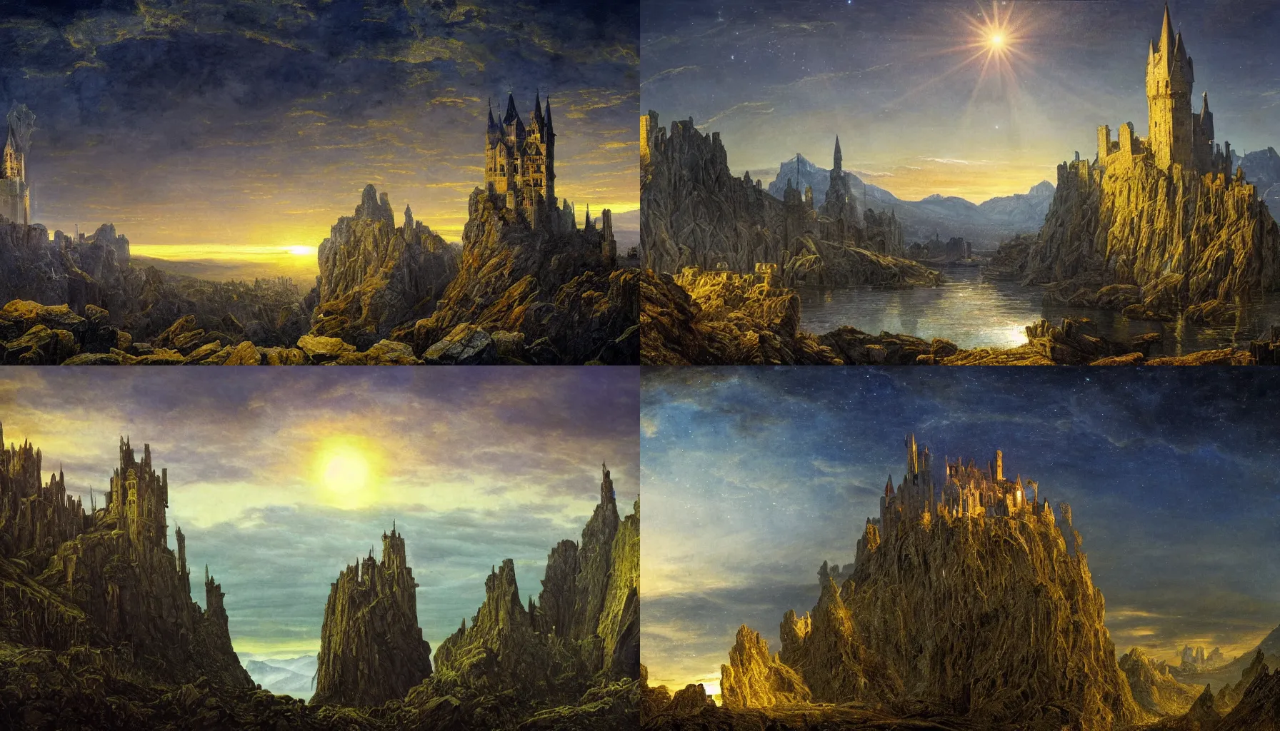 Prompt: marvellous castle made of crystal and glass in a dark mountain during golden hour, detailed, intricate, glorious lighting, dark sky, stars, masterwork composition, cgsociety, caspar david friedrich, mark zug, strong presence