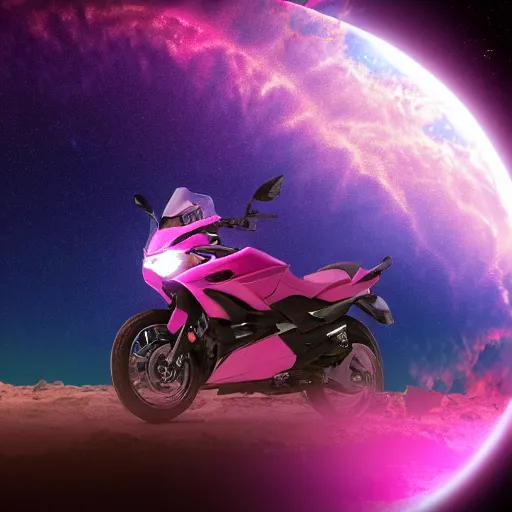 Prompt: high detail photo of a deserted, pink color, yamaha motorcycle floating in space inside magic colorful glowing sparkling fog, circular planet behind it, starry sky, tranquil, desolate, atmospheric, hazy, autochrome, 8k, reflections, octane render, unreal engine 5