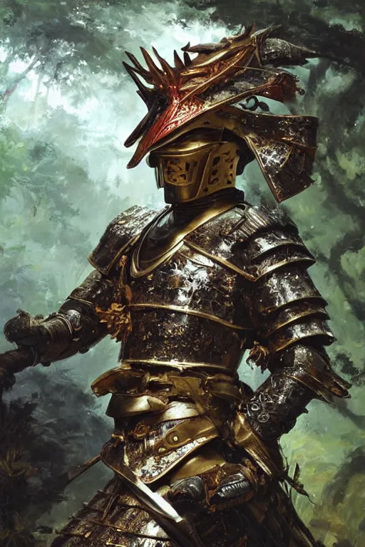 Image similar to close up of a samurai in armor resembling dragon skin and a helmet resembling a dragon head, in a dark bamboo forest, by huang guangjian and gil elvgren, sachin teng, greg manchess