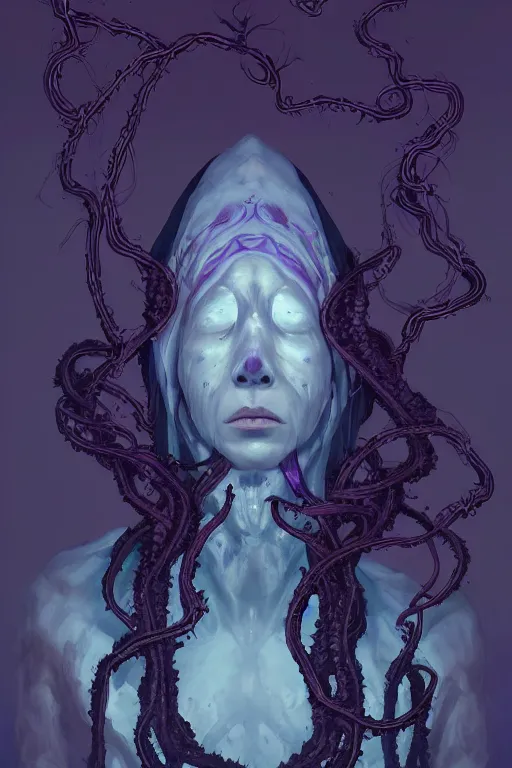 Prompt: A full body portrait of a mysterious shaman with no face with a very long hooded dark purple cloak tentacles and vines coming out the ground art by Maciej Kuciara and Jason Chan, ominous, cosmic horror, trending on artstation, Ultra detailed, hyper realistic 4k