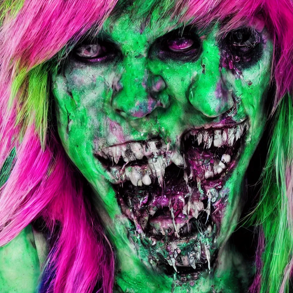 Prompt: ultra realistic portrait of a punk rock zombie with green skin and pink crystalline hair, multicolored background, vivid colors, dramatic lighting, intricately detailed, photorealistic, well composed, unreal engine