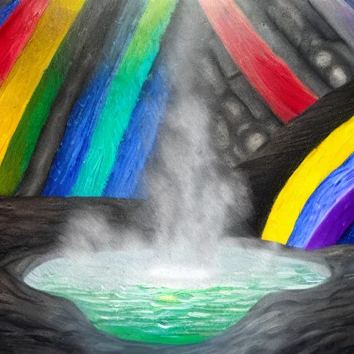 Prompt: highly detailed oil painting of a rainbow hotspring within dark grey cavern, black dragon sitting in the middle