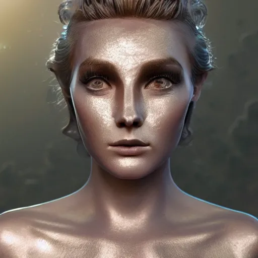 Image similar to beautiful pragmatic face, crystal, platinum, copper, verdigris, biomechanoid with incredible iridescent pearlescent fiberoptic hair, crystalline masterpiece implants, hyperdetailed face, elegant pose, movie still, intricate, octane render, cinematic forest lighting, unreal engine, dieselpunk background setting, crepuscular rays, god rays.