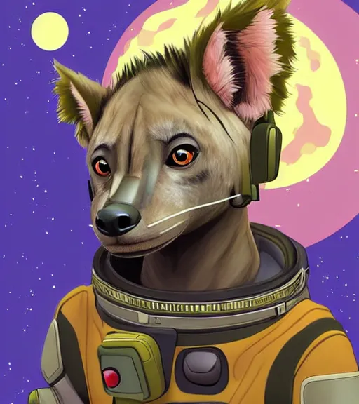 Image similar to digital detailed art of furry female hyena, in style of zootopia, fursona, furry, furaffinity, deviantart, wearing astronaut outfit, floating in space, space background, hyena fursona, cyberpunk, detailed face, style of artgerm,