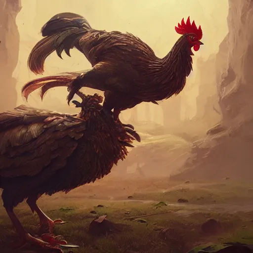 Image similar to chicken, highly detailed, illustration, fantasy art, in the style of greg rutkowski, epic, fantasy, intricate, hyper detailed, artstation, concept art, smooth, sharp focus, ray tracing