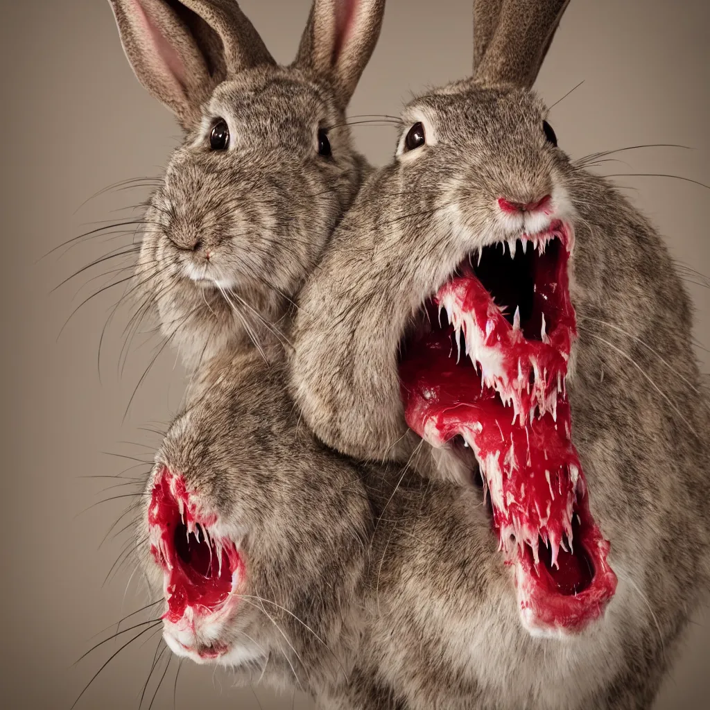 Prompt: hq studio portrait of predatory rabbit with big canine teeth and blood dripping from it's mouth