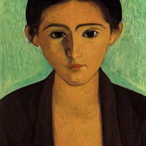 Prompt: A beautiful print. She looks up at me, up and down. She has short-cropped hair, and a scar on her left cheekbone: just a line of black against her deep tan, precise and geometrical. Her eyes are pale green. by Paula Modersohn-Becker swirling, composed