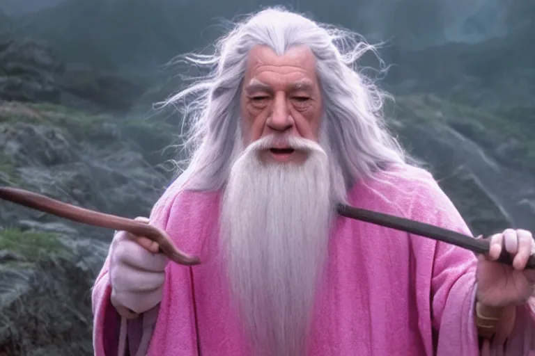 Image similar to portrait of Gandalf wearing pink Hello kitty costume, gentle smile, sunrise, movie still from Lord of the Rings, cinematic