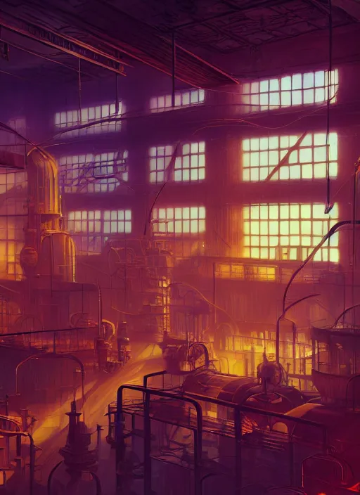 Prompt: beautiful interior of a steampunk factory, james gilleard, delphin enjolras, goro fujita, makoto shinkai, paul lehr, volumetric lighting, octane render, very coherent, trending on artstation