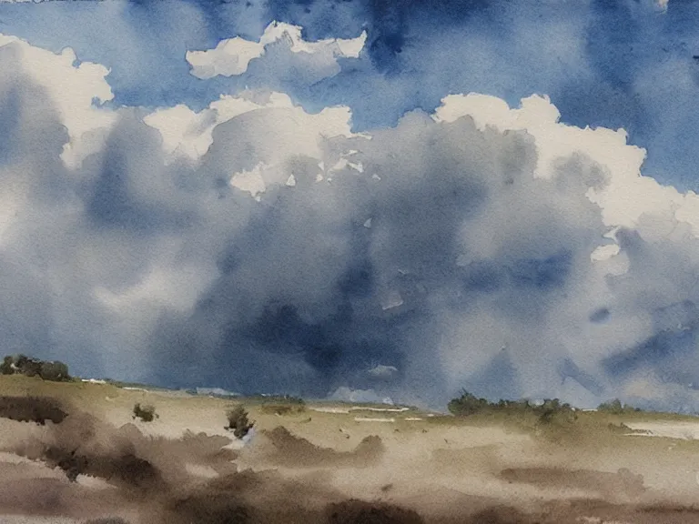 Image similar to blue sky, some clouds, watercolor, muted colors, by by jean - baptiste monge