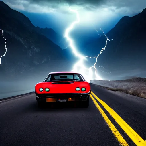 Prompt: black trans - am driving towards the camera, mountain, valley, breathtaking mountains, lake, dynamic, cinematic, motionblur, volumetric lighting, wide shot, low angle, large lightning storm, the upside down, mindflayer, mindflayer stranger things