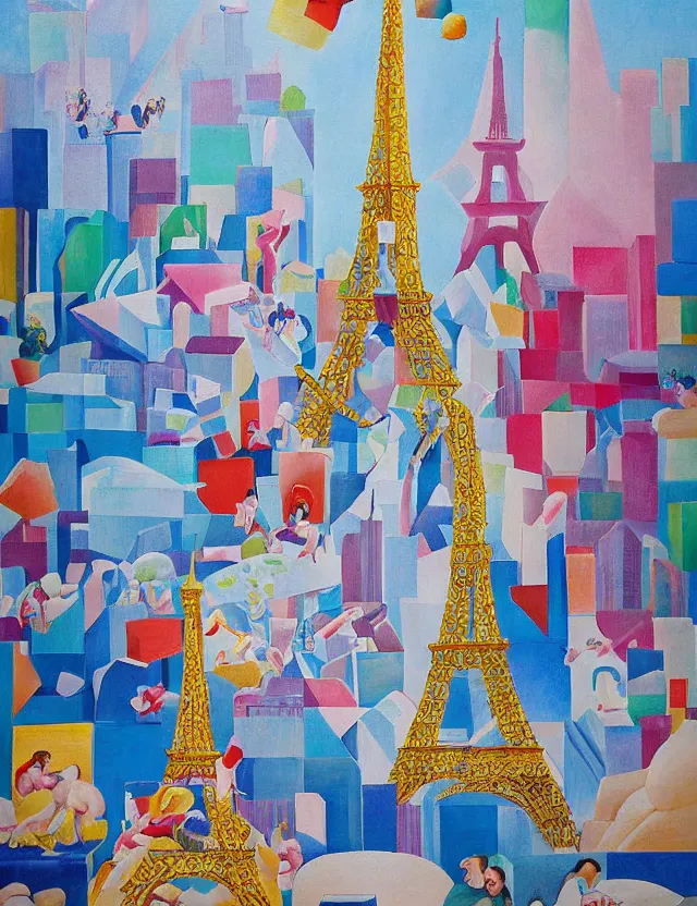 Image similar to a cubistic painting of a dancing ice sculpture eiffel tower in paris with melting ice cream of the paris skyline on a very sunny bright summer day, very hot and the ice is melting fast and people are swimming in the icecream in the style of james jean and fernando botero