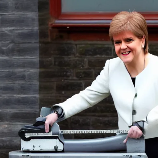Prompt: Nicola sturgeon happily sawing through the border between england and scotland. Daily Telegraph.