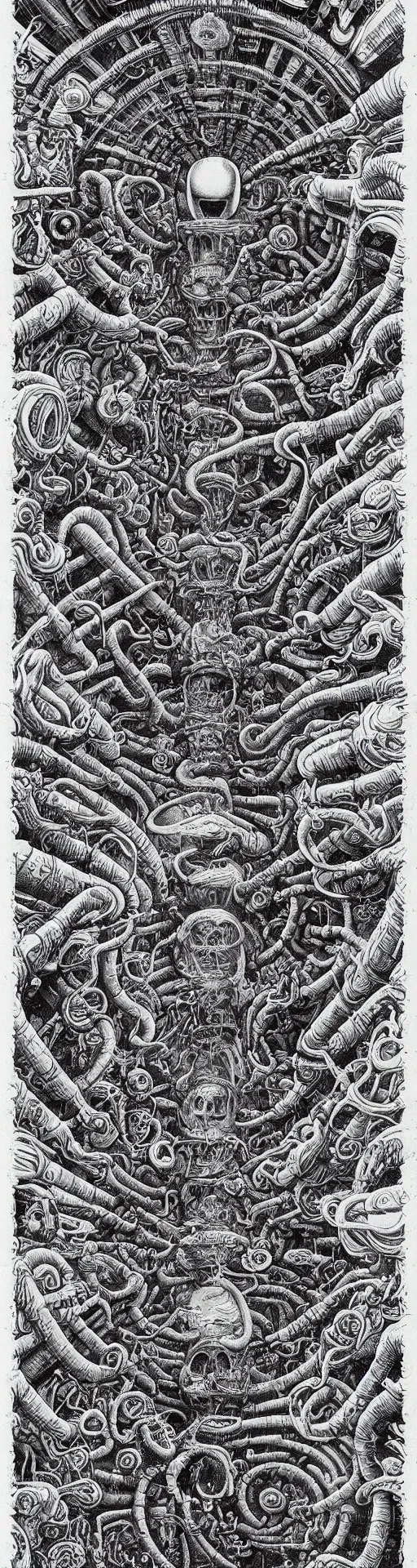 Prompt: astronauts and aliens and flying saucers dissolving into melted liquid braids, cubensis, aztec, basil wolverton, r crumb, hr giger, mc escher, dali, muted colors