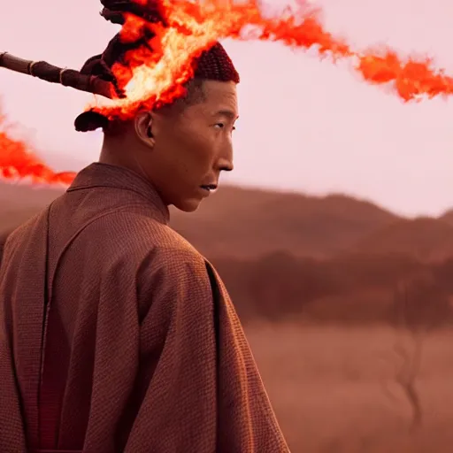 Image similar to cinematic film still Pharrell Williams starring as a Samurai holding fire, Japanese CGI, VFX, 2022, 40mm lens, shallow depth of field,film photography