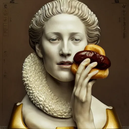 Prompt: beautiful lifelike award winning marble statue bust of dronning magrethe eating a hotdog trending on art station artgerm greg rutkowski alphonse mucha museum quality cinematic atmospheric