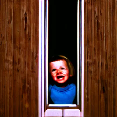 Image similar to a little kid looking through a vertical crack on a white wooden door while grinning maniacally, a film still from the 1 9 8 0 movie the shining, 8 k, grainy, portrait, extremely detailed, close - up, arriflex 3 5 bl