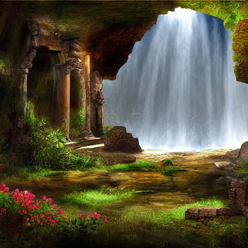 Image similar to ancient ruins,plants and waterfalls in the interior of a cave,digital art