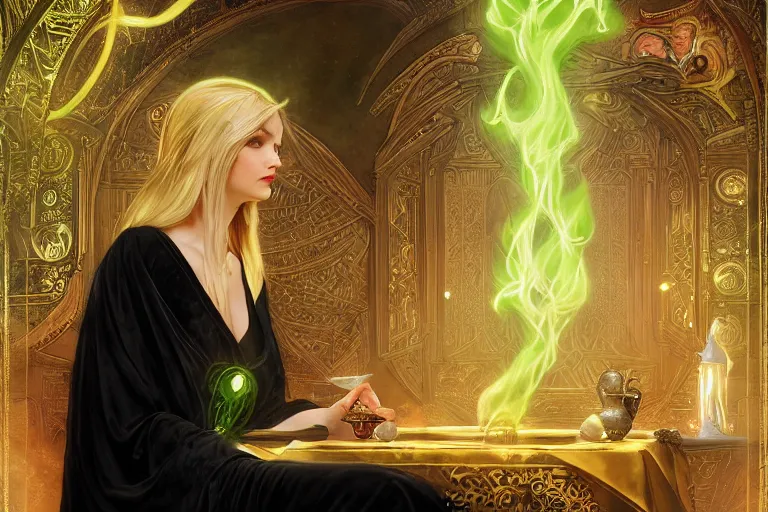 Image similar to a beautiful sorceress wearing a black robe with gold embroidery, sitting at table, casting a spell, green glows, painted by artgerm and tom bagshaw and alphonse mucha, in the style of magic the gathering, highly detailed digital art