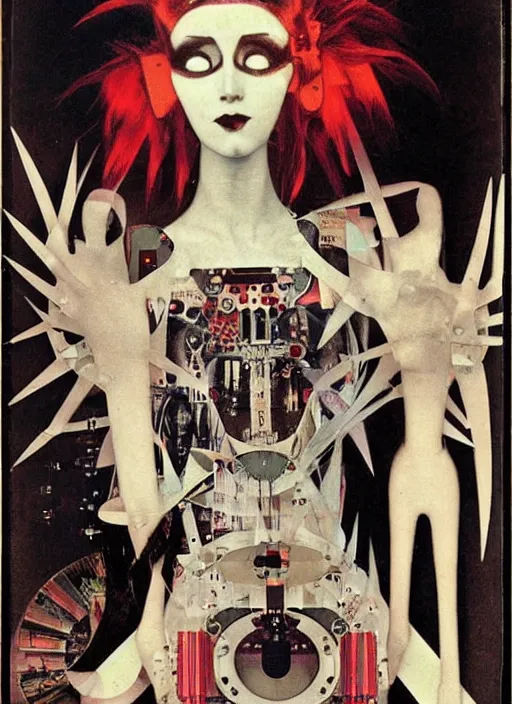 Image similar to cute punk goth fashion fractal alien martian girl with a television head wearing kimono made of circuits and leds, surreal Dada collage by Man Ray Kurt Schwitters Hannah Höch Alphonse Mucha, red and black