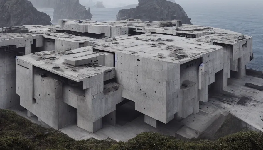 Image similar to big brutalist imperial military base on cliffs, drawing architecture, very long shot, top angle, imperial architecture in rogue one, pritzker architecture prize, brutalism architecture, jan urschel, greig fraser