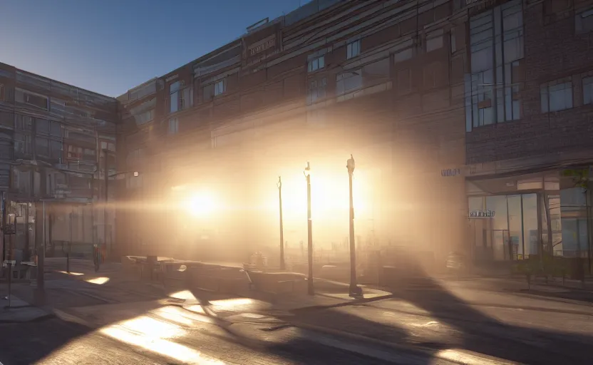 Image similar to photorealistic Area 18 city district. daylight. sunlight. lens flare. light fixtures. 8K. detailed. photorealism. artstation. 25mm f/1.7 ASPH Lens. ultra realistic