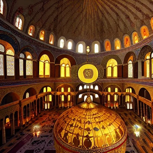 Image similar to divine liturgy being held in the hagia sophia, artstation, artwork, rays of shimmering light, beautiful, surreal, holy