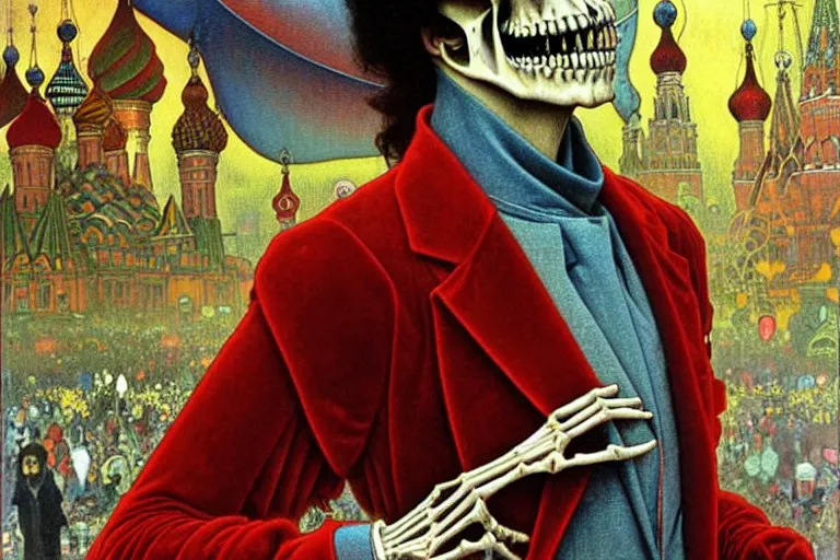 Image similar to realistic detailed closeup portrait painting of a single skeleton wearing red velvet blazer in a crowded futuristic moscow street by Jean Delville, Amano, Yves Tanguy, Alphonse Mucha, Ernst Haeckel, Edward Robert Hughes, Roger Dean, rich moody colours, blue eyes