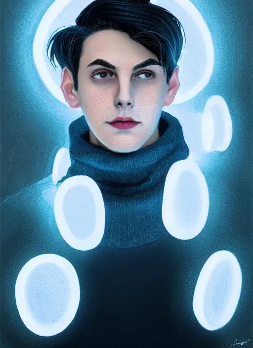 Image similar to portrait of teenage jughead jones wearing a light grey crown, crown, blue turtleneck, 1 9 5 0 s, closed eyes, photorealistic, black hair, glowing lighting, intricate, elegant, glowing lights, highly detailed, digital painting, artstation, concept art, smooth, sharp focus, illustration, art by wlop, mars ravelo and greg rutkowski