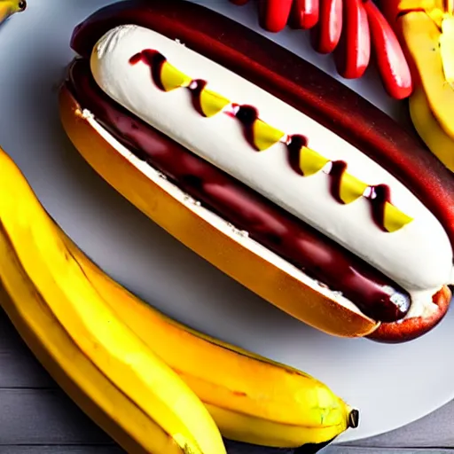 Prompt: commercial photo of a banana split with a hot dog instead of the banana, mustard, ketchup,