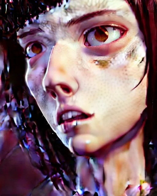 Prompt: full very close up neck shot of a beautiful braces girl, in tshirt and no makeup, her morbid interests, irish, by saruei and guweiz and ilya kuvshinov and george miller, digital art, highly detailed, intricate, sharp focus, trending on artstation hq, deviantart, pinterest, unreal engine 5, 4 k uhd image