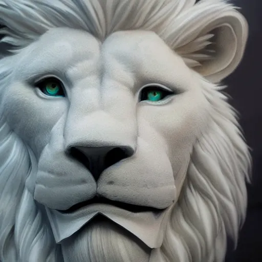 Image similar to beautiful portrait commission of a albino male furry anthro lion ice statue made entirely out of ice on display, detailed face , hyperdetailed. Character design by charlie bowater and makoto shinkai, detailed, inked, western comic book art, 2021 award winning painting