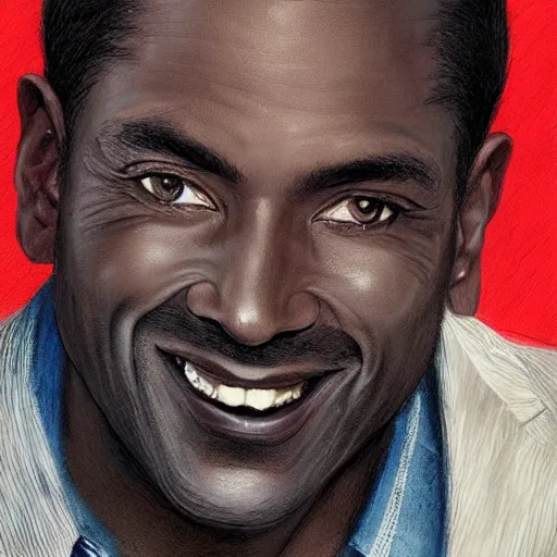 Image similar to portrait of a handsome, dark skinned man smiling brightly, in his 5 0 s with salt and pepper hair and sharp cheekbones, dressed in expensive clothes, detailed face, smooth, sharp focus, graphic novel, art by artgerm and greg rutkowski and pepe larraz,