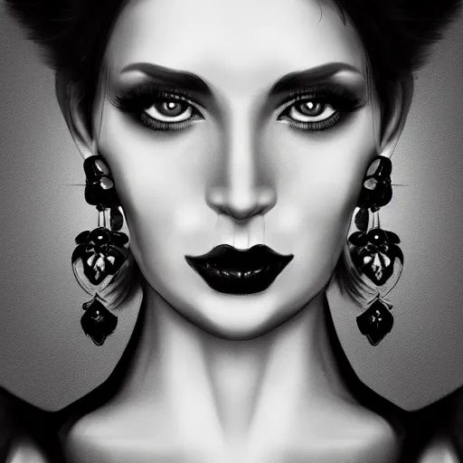 Prompt: black and white digital art painting portrait of elegant gothic lady with earrings, high quality, dark background, mystic, perfect lighting, high contrast, arstation, artgerm, wlop, 4 k