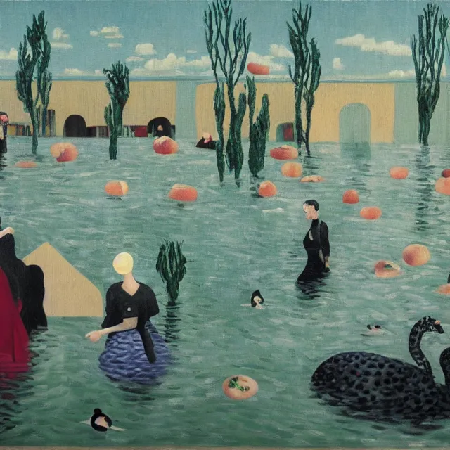 Image similar to painting of flood waters inside an art gallery, female emo art student, a river flooding indoors, pomegranates, pigs, ikebana, water, octopus, river, rapids, waterfall, black swans, canoe, berries, acrylic on canvas, surrealist, by magritte and monet