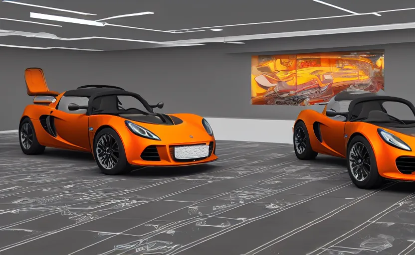 Prompt: futuristic lotus exige ( ( orange ) ) parked within interior view of futuristic auto showroom ( ( frank lloyd wright ) ) luminescent concept art, unreal engine 5, artstation highly detailed, digital art, 8 k hdr, soft lighting, hyperrealistic, godrays