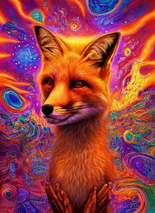 Prompt: portrait ultra dimensional fox entity, accidentally tripping on dmt and acid, psychedelic experience, overwhelming psychosis of self realization and burning awakening, ultra high definition, unreal engine 5, hyperrealism, masterpiece composition, by casey weldon, barclay shaw