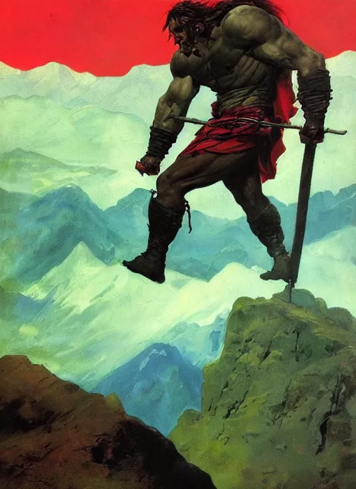 Image similar to portrait of barbarian on mountain, coherent! by mariusz lewandowski, by frank frazetta, deep color, strong line, red green black teal, minimalism, high contrast