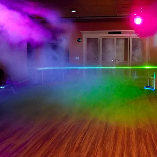 Prompt: rave at a retirement home, glowsticks, fog machine