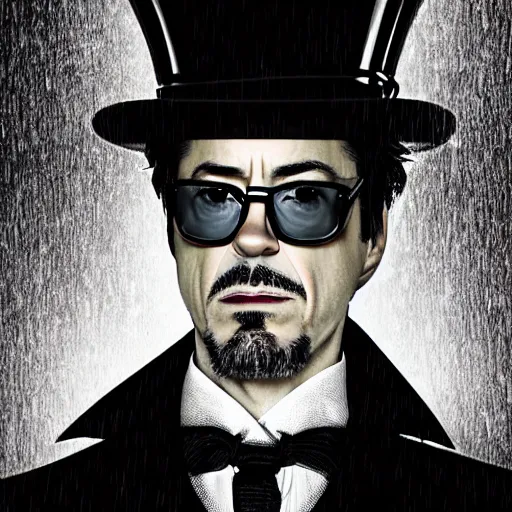 Image similar to photograph portrait of robert downey junior with a trenchcoat and tophat, rain, night, dense fog, hyperdetailed