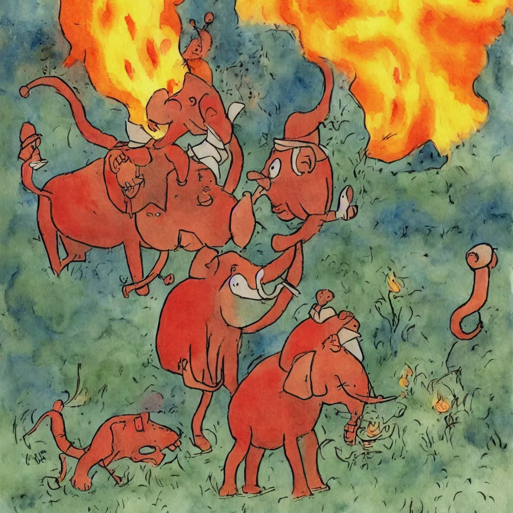 Prompt: babar discovers fire children's illustration watercolor painting