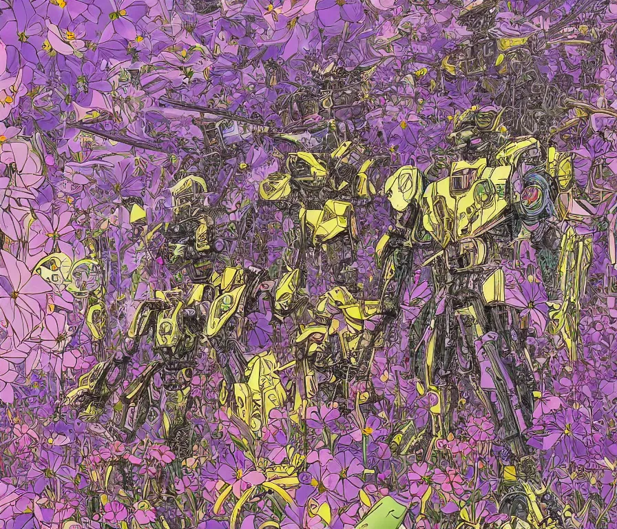 Image similar to a battle mech war in a mystical field of flowers, detailed line drawing, intricate, hd, digital art, complementing colors, detailed, illustration painting by alex gray, digital art, moebius