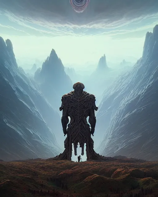 Prompt: professional ominous concept art of a titan god towering over the valley by artgerm and greg rutkowski ( thin white border ). an intricate, elegant, highly detailed digital painting, concept art, smooth, sharp focus, illustration, in the style of simon stalenhag wayne barlowe, igor kieryluk.