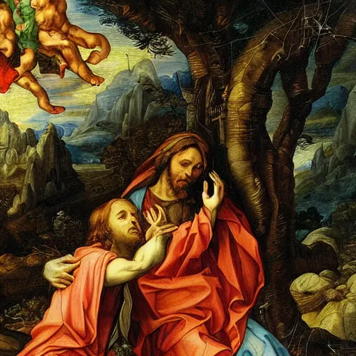 Prompt: Agony in the Garden of Getsemane hyper detailed intricate painting, by Murillo