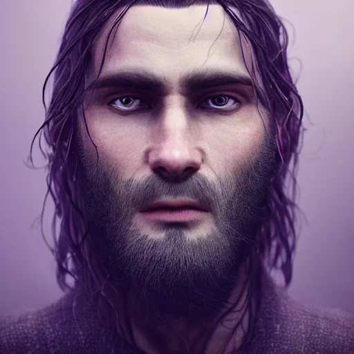 Image similar to a highly detailed portrait of a man without a beard, purple eyes, light gray long hair, wearing a black cloak, artstation, DeviantArt, professional, octane render