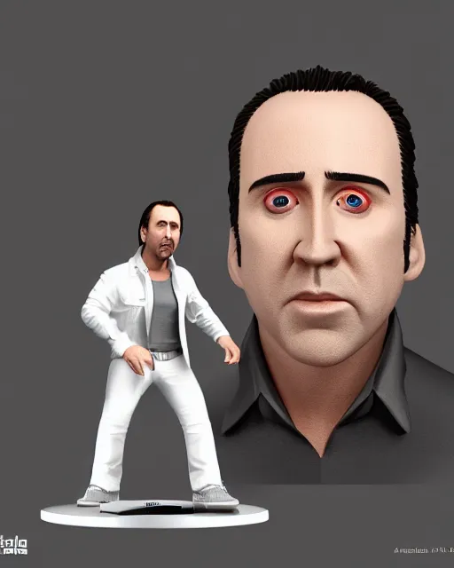 Image similar to full body 3d render of Nicolas Cage as a bobble head, studio lighting, white background, blender, trending on artstation, 8k, highly detailed , intricate details
