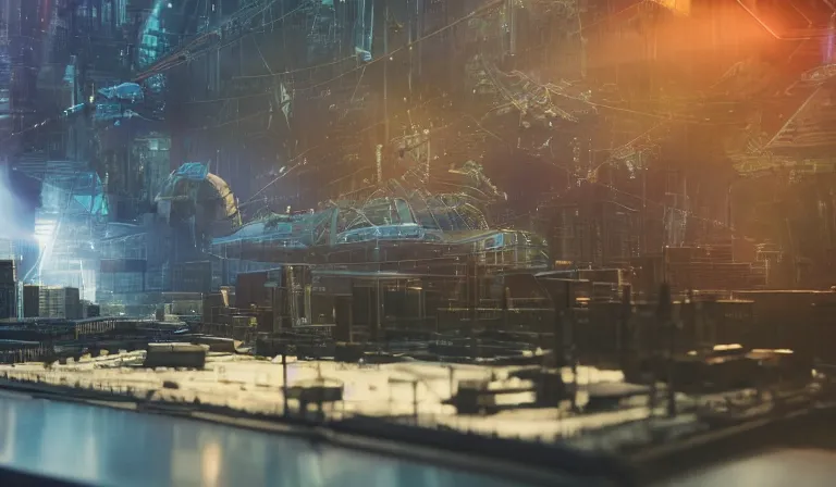 Image similar to group of people in simple warehouse, looking at hologram of futuristic city on a table, cinematic concept art, godrays, golden hour, natural sunlight, 4 k, clear details, tabletop model buildings, center model buildings, hologram center, crane shot, crane shot, crane shot