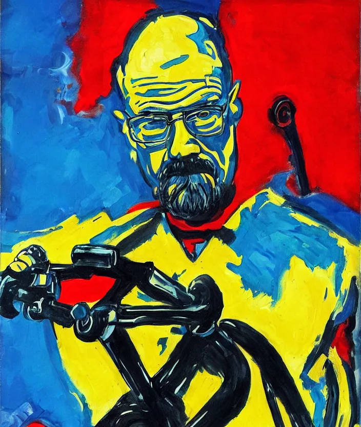 Image similar to expressionist painting of walter white on a motorbike, dynamic perspective, expressionist, colorful, clean