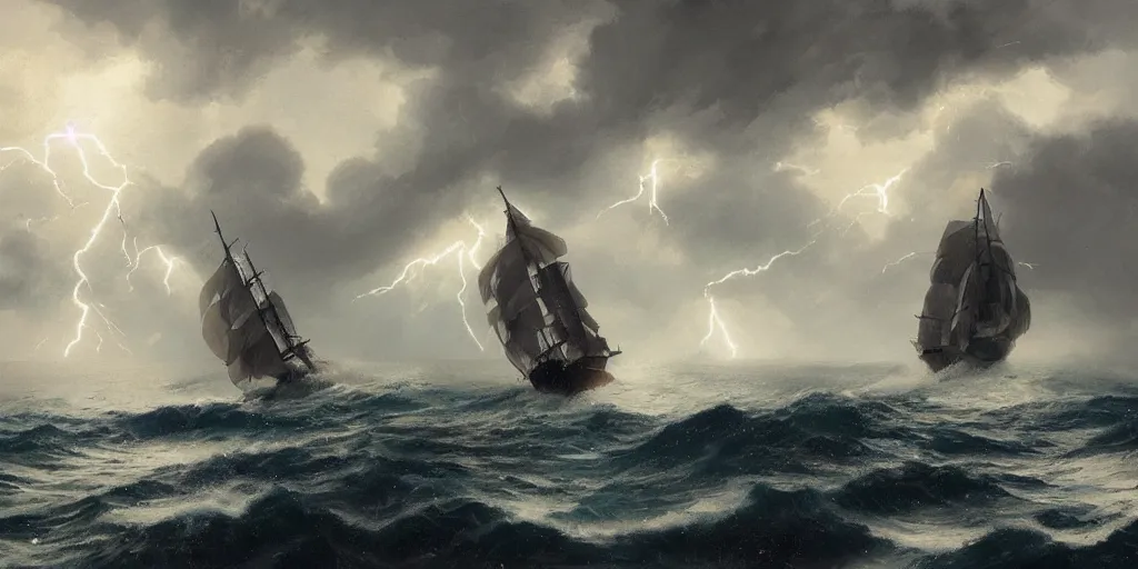 Prompt: A chinese sailing boat struggles through stormy seas, an intense storm blacks out the sky, lit by lightning, Greg Rutkowski and Studio Ghibli