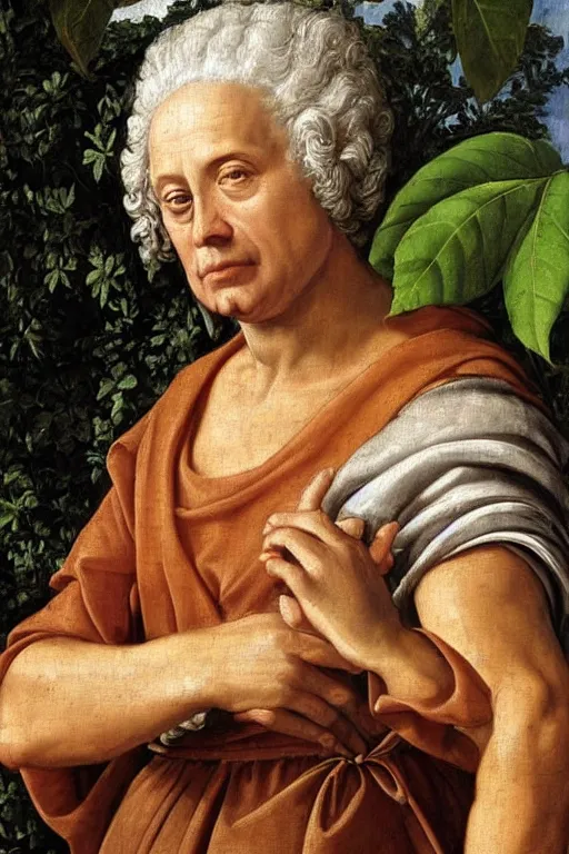 Image similar to renaissance painting of elder in the garden, closeup, short silver hair, a wise face, emotions closeup, dressed in roman armour, the beautiful garden with oak leaves everywhere, ultra detailed, art by Guido Reni style, Vincenzo Catena style